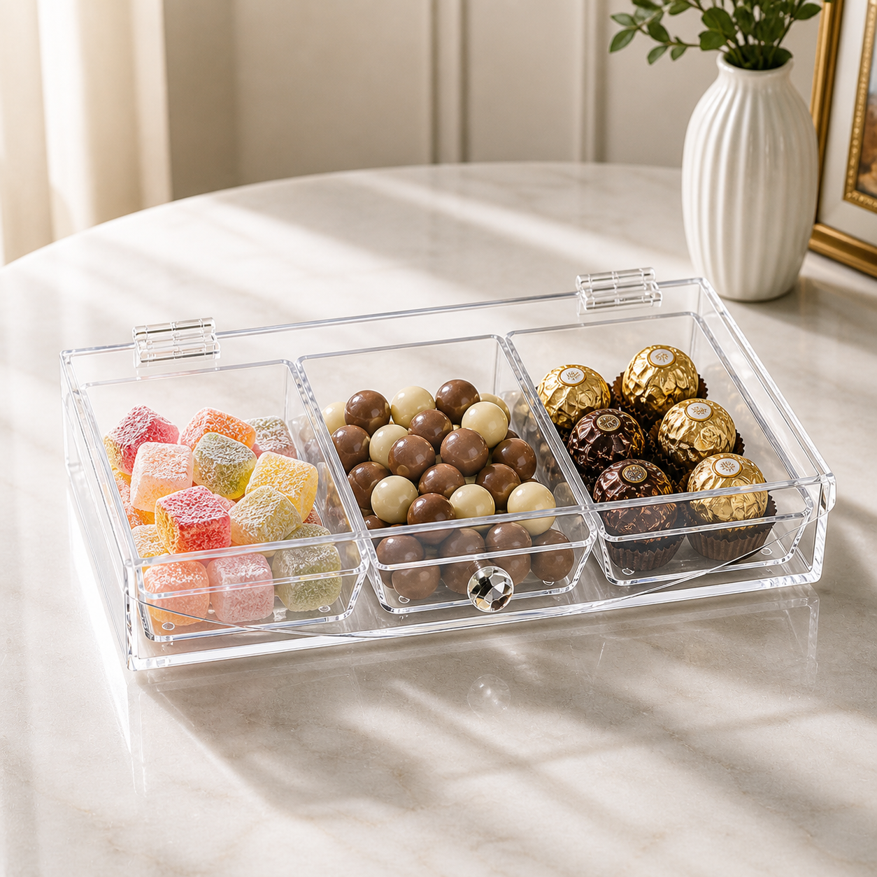 Vague Rectangular Acrylic Candy Box with 3 Compartments – Dukkan