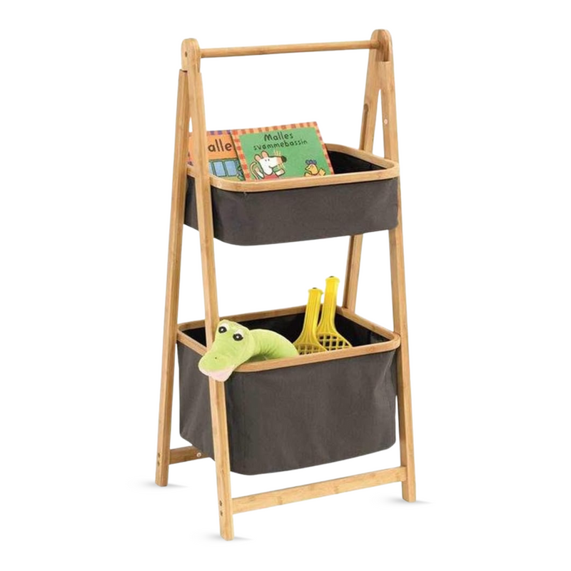 Bamboo Laundry Stand With 2 Foldable Fabric Baskets