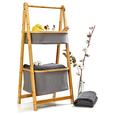 Bamboo Laundry Stand With 2 Foldable Fabric Baskets