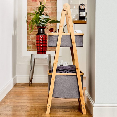 Bamboo Laundry Stand With 2 Foldable Fabric Baskets