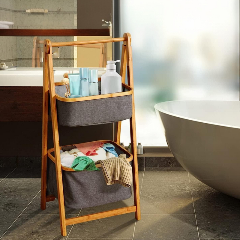 Bamboo Laundry Stand With 2 Foldable Fabric Baskets