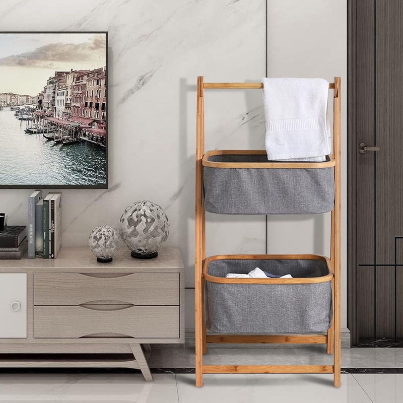 Bamboo Laundry Stand With 2 Foldable Fabric Baskets