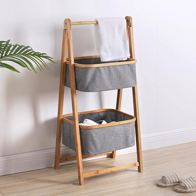 Bamboo Laundry Stand With 2 Foldable Fabric Baskets