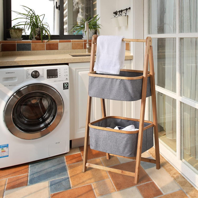 Bamboo Laundry Stand With 2 Foldable Fabric Baskets