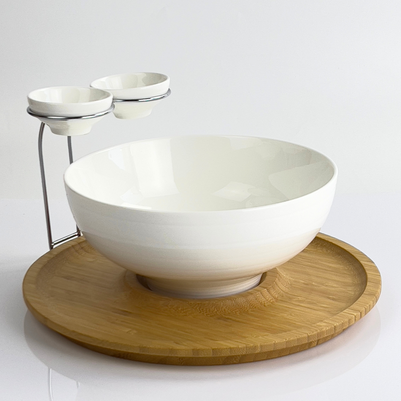 Porceletta Chip & Dip Porcelain  Stand with Bamboo