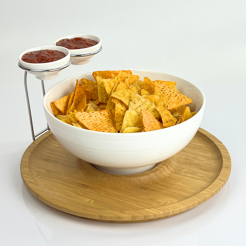 Porceletta Chip & Dip Porcelain  Stand with Bamboo