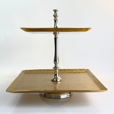 Vague Aluminium Square 2 Tier Stand with Stainless Steel Finish 40 cm India