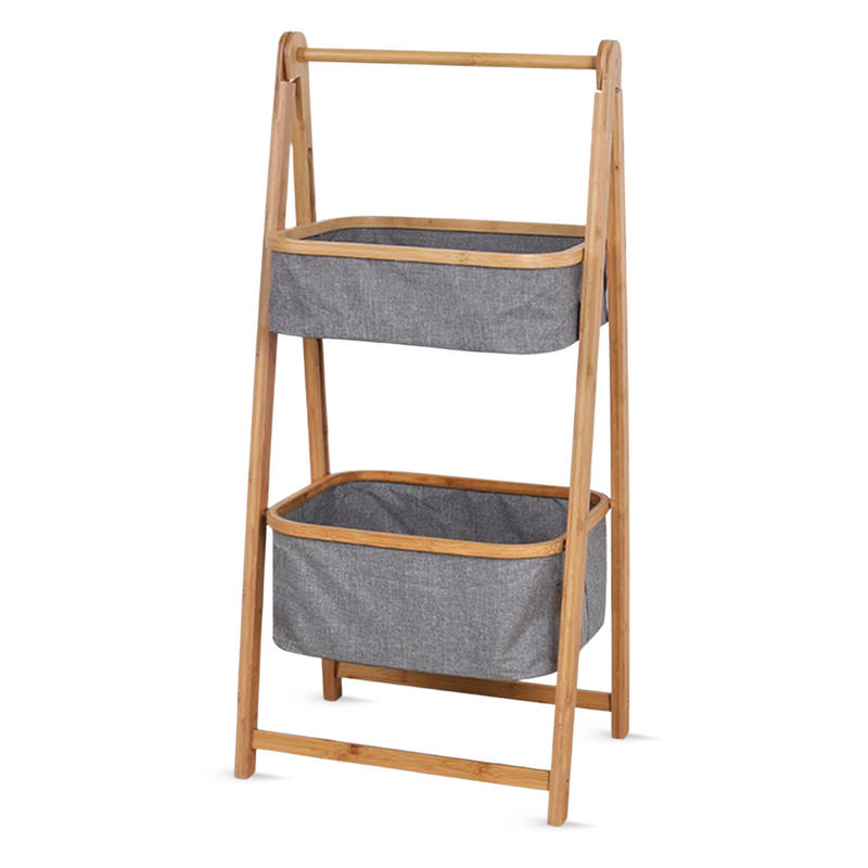 Bamboo Laundry Stand With 2 Foldable Fabric Baskets