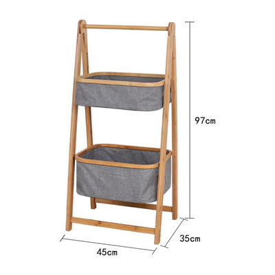 Bamboo Laundry Stand With 2 Foldable Fabric Baskets