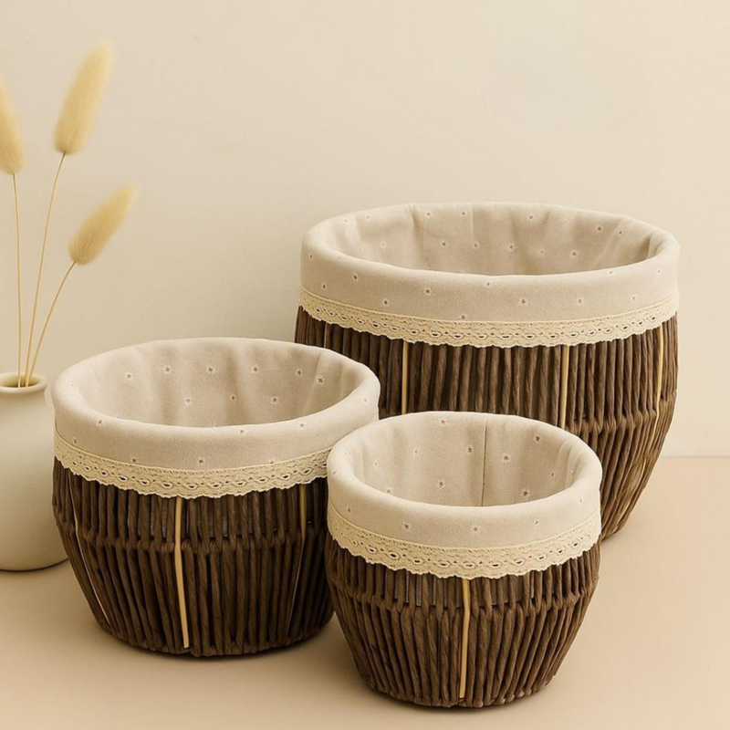 Novel Woven Straw Basket Set with Removable Fabric Lining