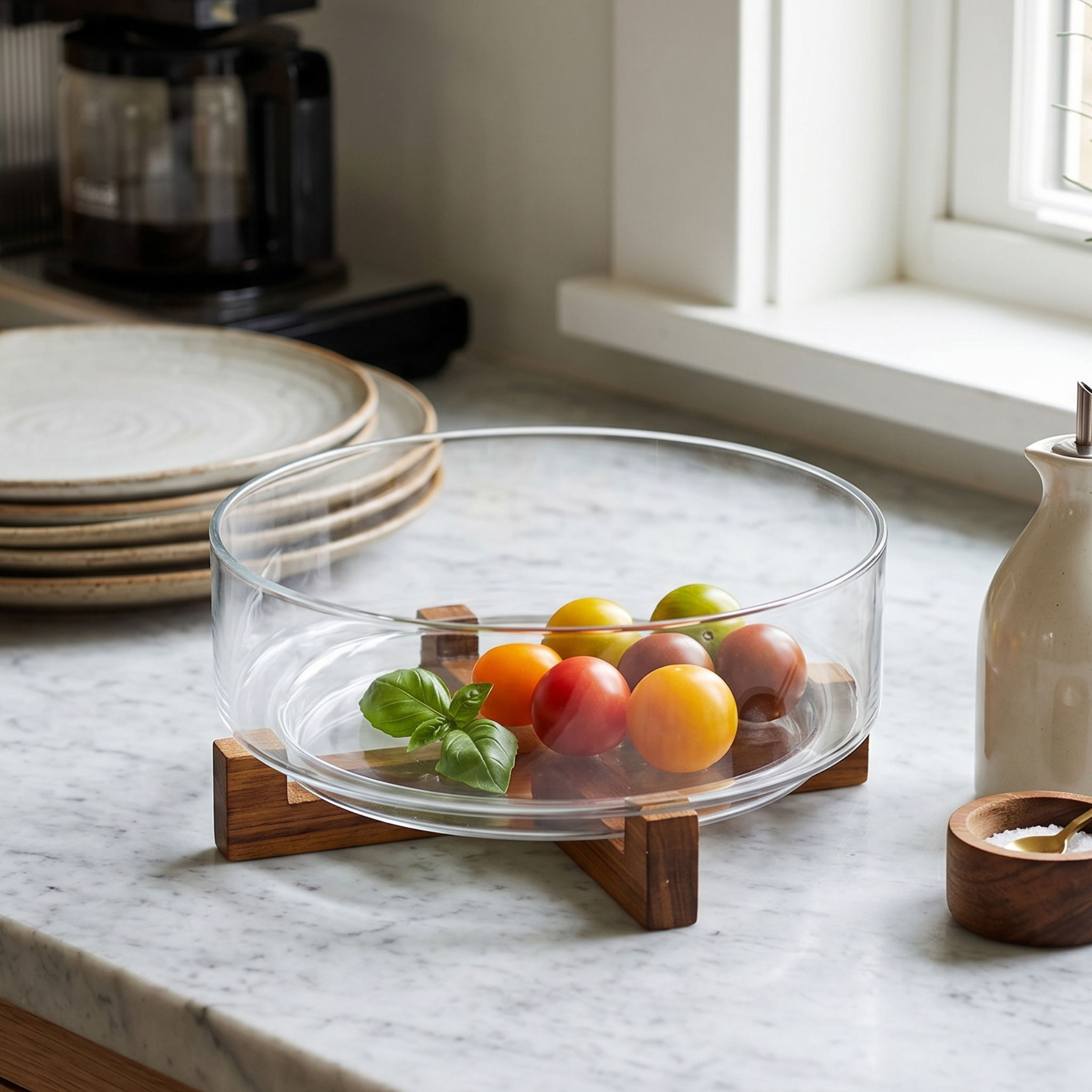 Round Glass Bowl with Wooden Base | 28cm. – Dukkan Khalil
