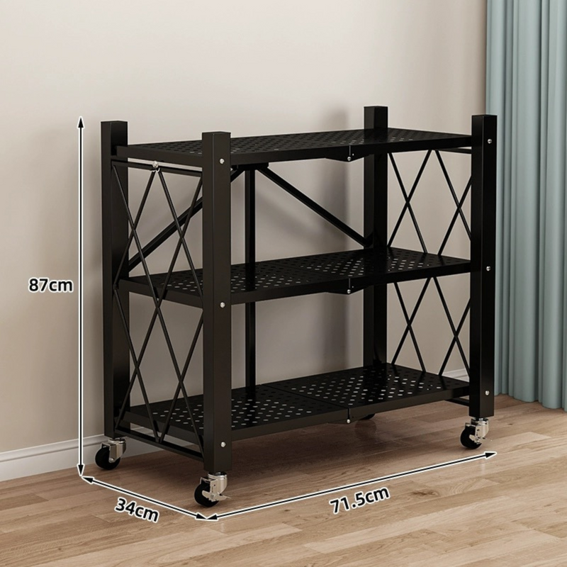 3-Tier Foldable Metal Storage Rack with Wheels – Black – Dukkan Khalil