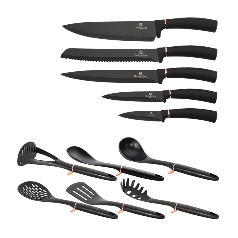 Berlinger Haus 12 Pieces Kitchen Tools & Knives Set Black Rose Gold Collection